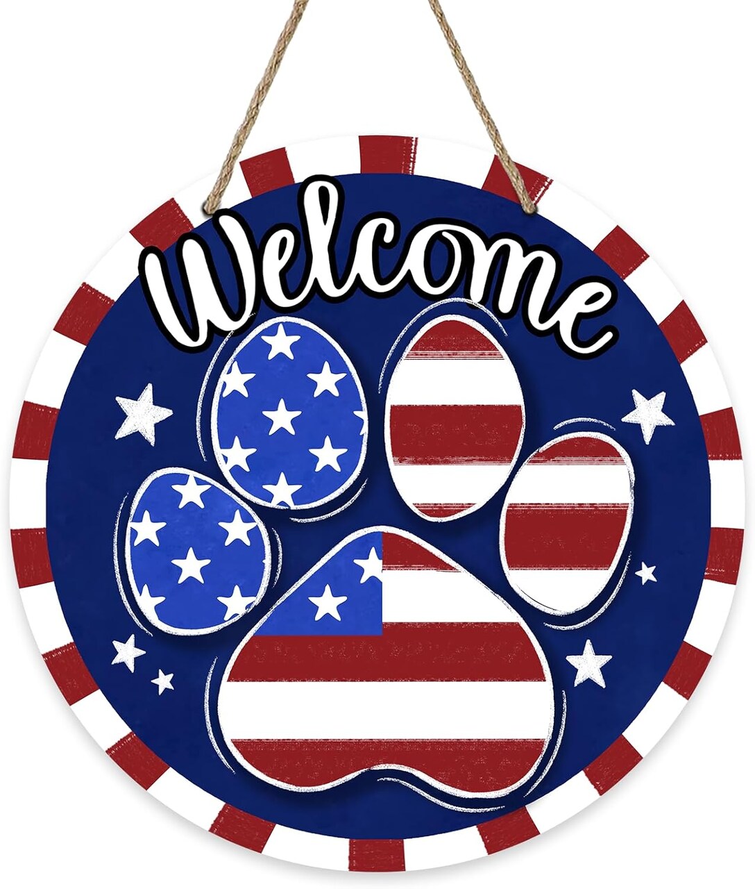 4th of July Dog & Cat Paw Print Door Sign - "Welcome" Patriotic Pet Lover Wood Decor - 12" American Flag Paw Wooden Wreath for Front Porch, Independence Day & Memorial Day Gift